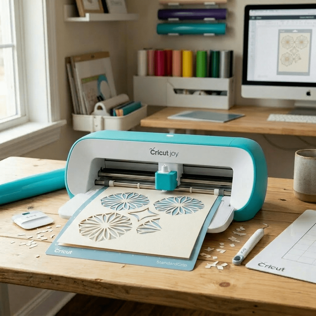 Cricut Joy Xtra machine cutting floral pattern on blue cutting mat