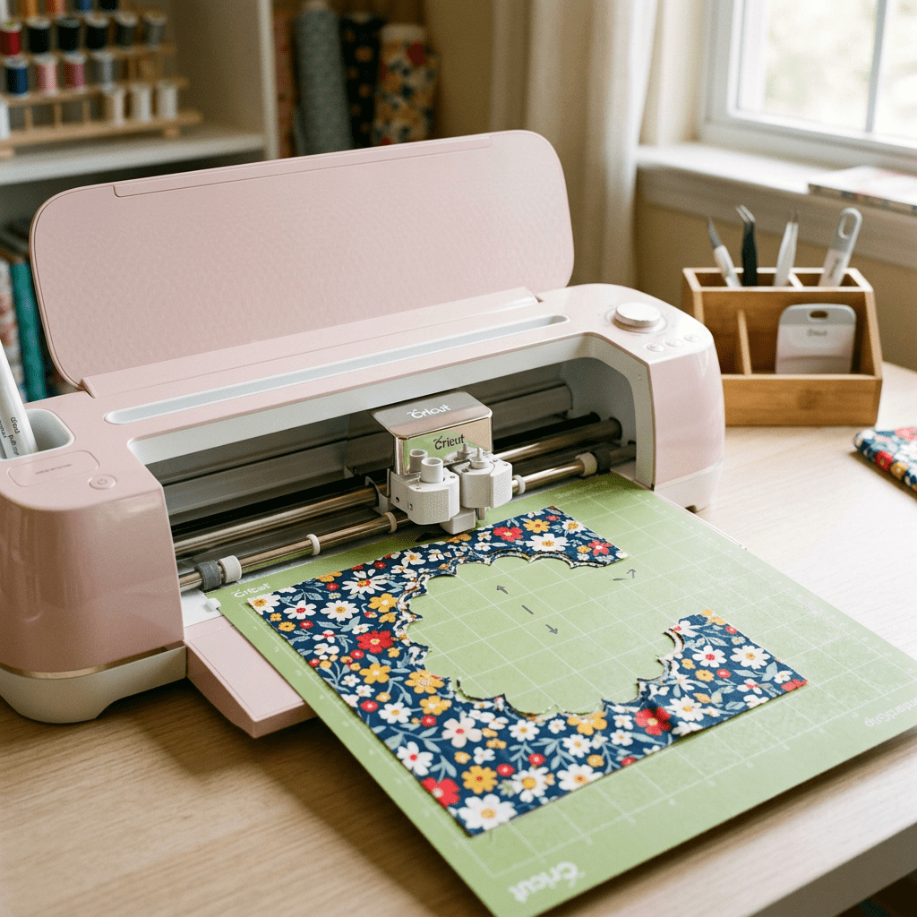 Cricut cutting machine slicing flower shape out of colorful floral fabric on a green cutting mat
